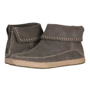UGG Varney Ankle Boots 9 Gray Suede Flat Foldover Zip Booties Espadrille Style